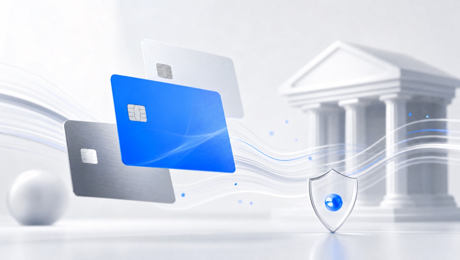 Blue-toned payment cards and data flows on a minimal fintech backdrop